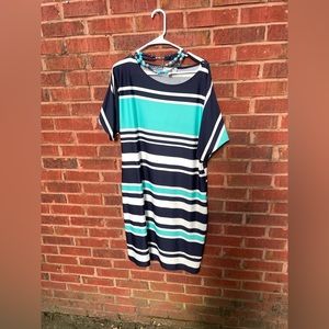 KARIN STEVENS Turquoise Navy Dress, with a coordinating double strand necklace